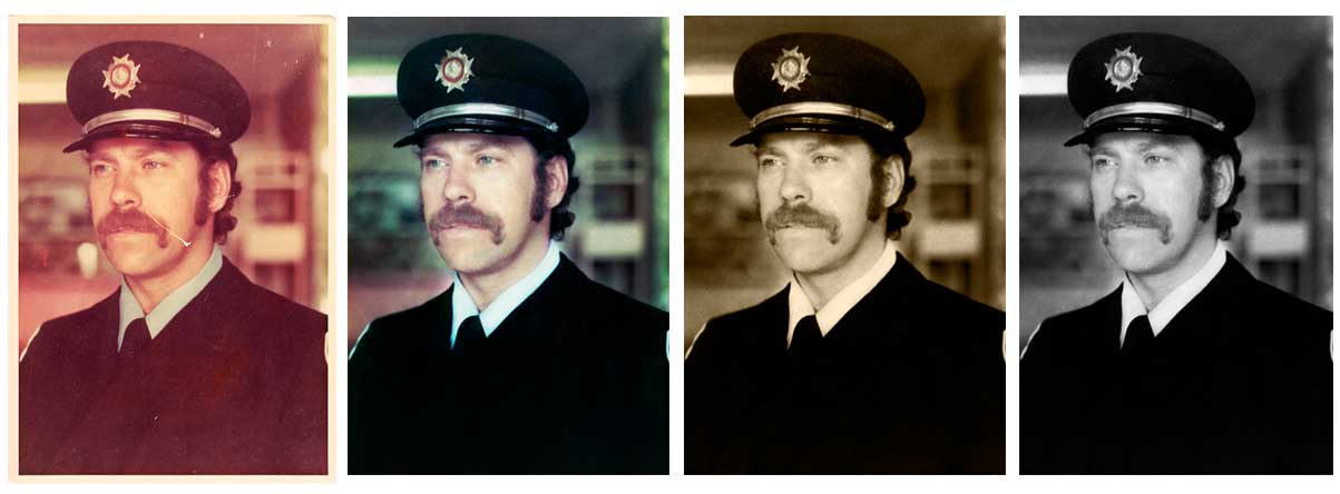 Digital repaired coloured image, sepia and black and white versions by Robert Berdan 